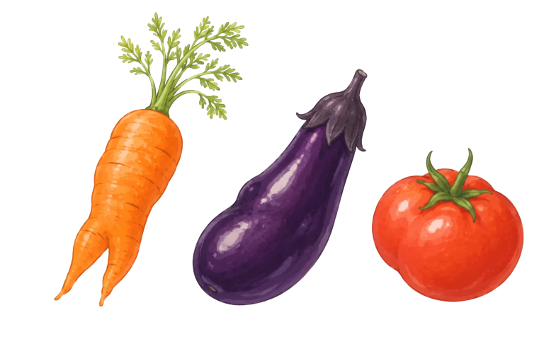 形が不揃いな野菜のイラスト(にんじん・なす・トマト)